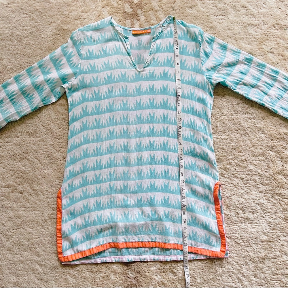 Oliphant Cotton Tunic Top Split V Neck 3/4 Sleeve White W/ Aqua Aloe Print Sz XS - Picture 5 of 13
